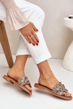 Zazoo 40381 Damskie Skórzane Klapki Na Płaskim Obcasie Taupe