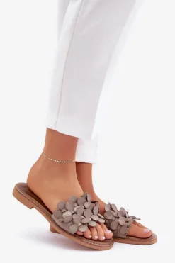 Zazoo 40381 Damskie Skórzane Klapki Na Płaskim Obcasie Taupe