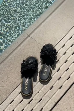 Zazoo 40381 Damskie Skórzane Klapki Na Płaskim Obcasie Czarne