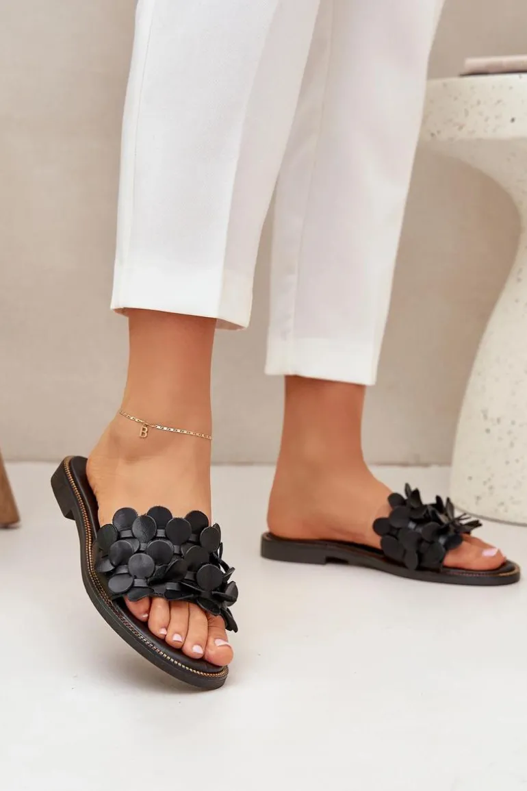 Zazoo 40381 Damskie Skórzane Klapki Na Płaskim Obcasie Czarne