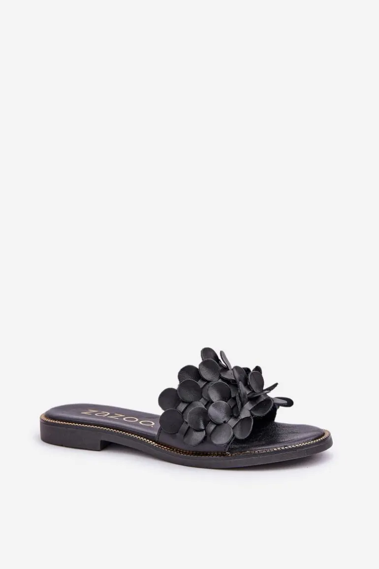 Zazoo 40381 Damskie Skórzane Klapki Na Płaskim Obcasie Czarne