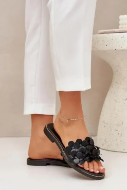 Zazoo 40381 Damskie Skórzane Klapki Na Płaskim Obcasie Czarne