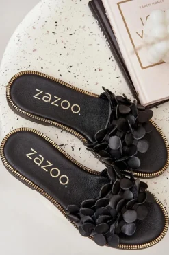 Zazoo 40381 Damskie Skórzane Klapki Na Płaskim Obcasie Czarne