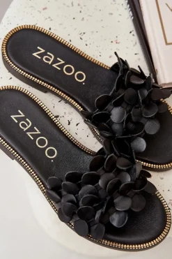 Zazoo 40381 Damskie Skórzane Klapki Na Płaskim Obcasie Czarne