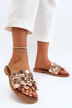 Zazoo 40381 Damskie Skórzane Klapki Na Płaskim Obcasie Złote