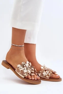 Zazoo 40381 Damskie Skórzane Klapki Na Płaskim Obcasie Złote