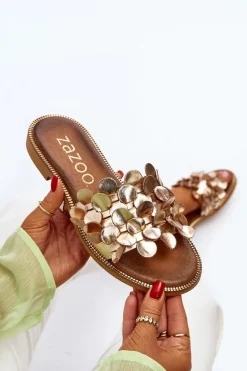 Zazoo 40381 Damskie Skórzane Klapki Na Płaskim Obcasie Złote