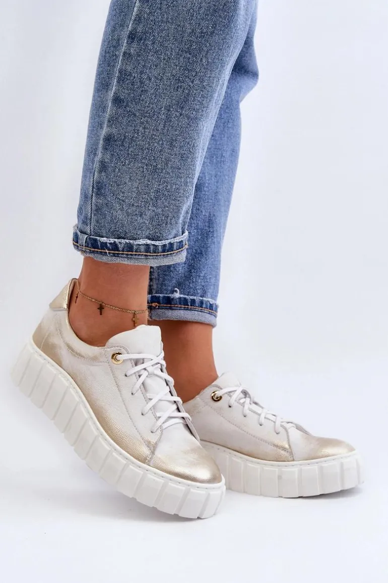 Zazoo 2919 Damskie Skórzane Półbuty Na Grubej Podeszwie Złote