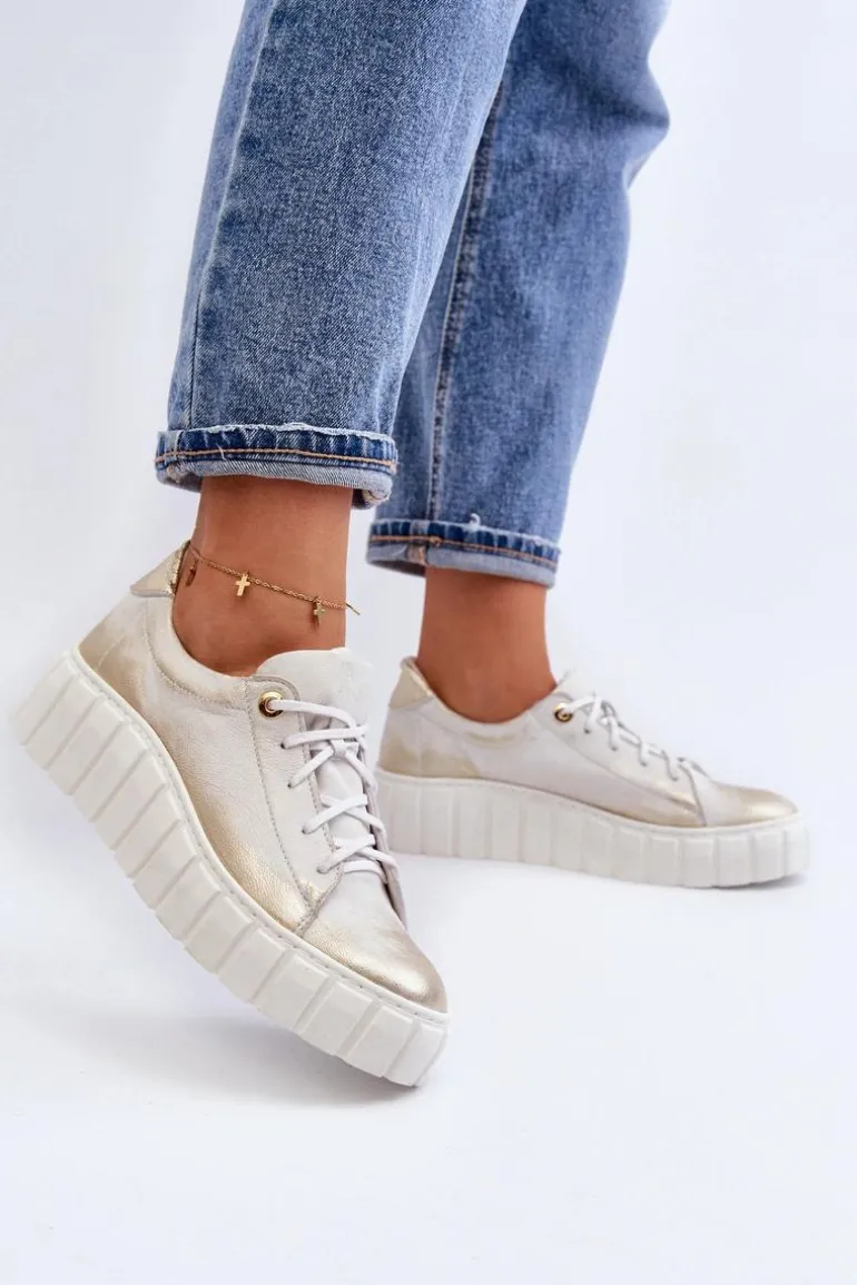 Zazoo 2919 Damskie Skórzane Półbuty Na Grubej Podeszwie Złote