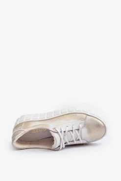 Zazoo 2919 Damskie Skórzane Półbuty Na Grubej Podeszwie Złote