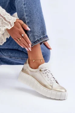 Zazoo 2919 Damskie Skórzane Półbuty Na Grubej Podeszwie Złote