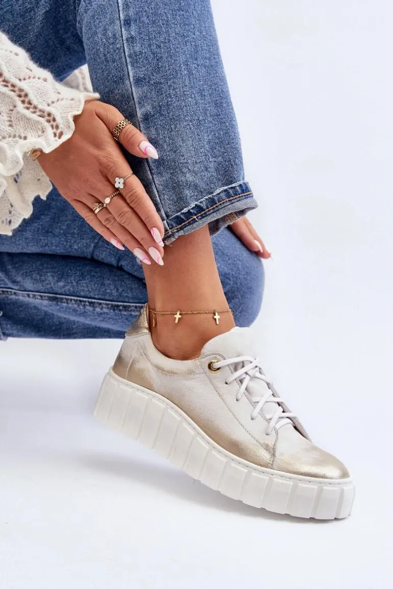 Zazoo 2919 Damskie Skórzane Półbuty Na Grubej Podeszwie Złote