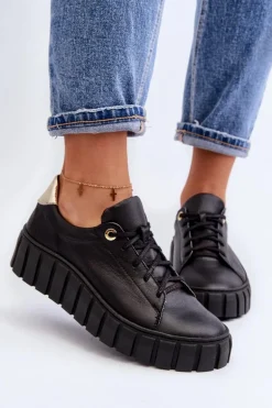 Zazoo 2919 Damskie Skórzane Półbuty Na Grubej Podeszwie Czarne