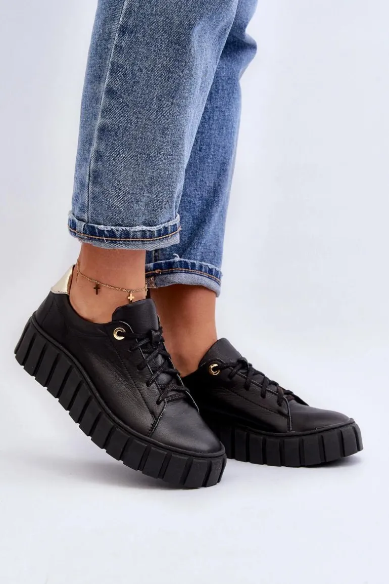 Zazoo 2919 Damskie Skórzane Półbuty Na Grubej Podeszwie Czarne