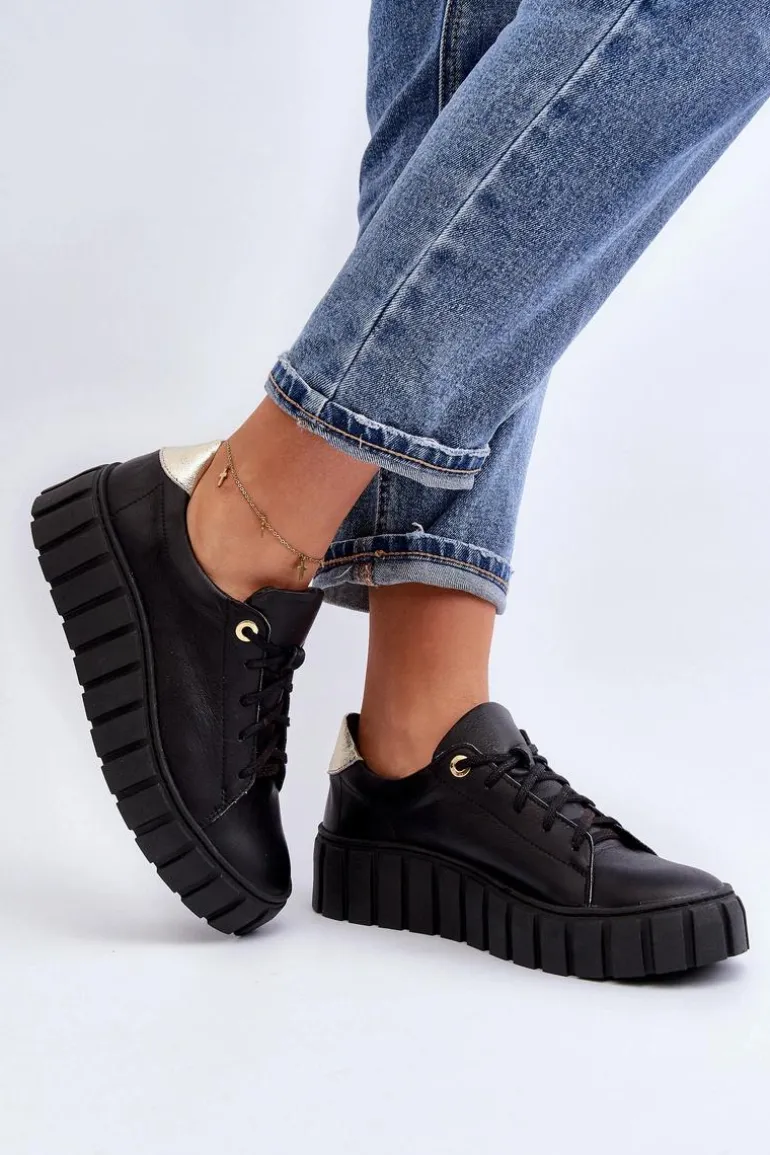 Zazoo 2919 Damskie Skórzane Półbuty Na Grubej Podeszwie Czarne