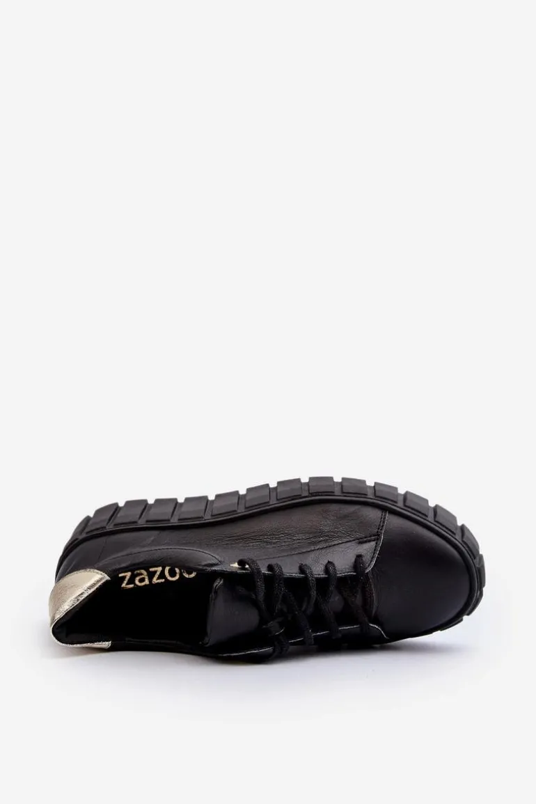 Zazoo 2919 Damskie Skórzane Półbuty Na Grubej Podeszwie Czarne