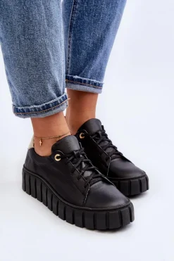 Zazoo 2919 Damskie Skórzane Półbuty Na Grubej Podeszwie Czarne