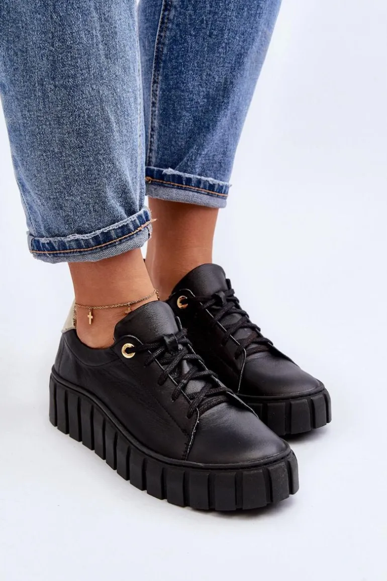 Zazoo 2919 Damskie Skórzane Półbuty Na Grubej Podeszwie Czarne