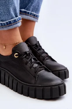 Zazoo 2919 Damskie Skórzane Półbuty Na Grubej Podeszwie Czarne