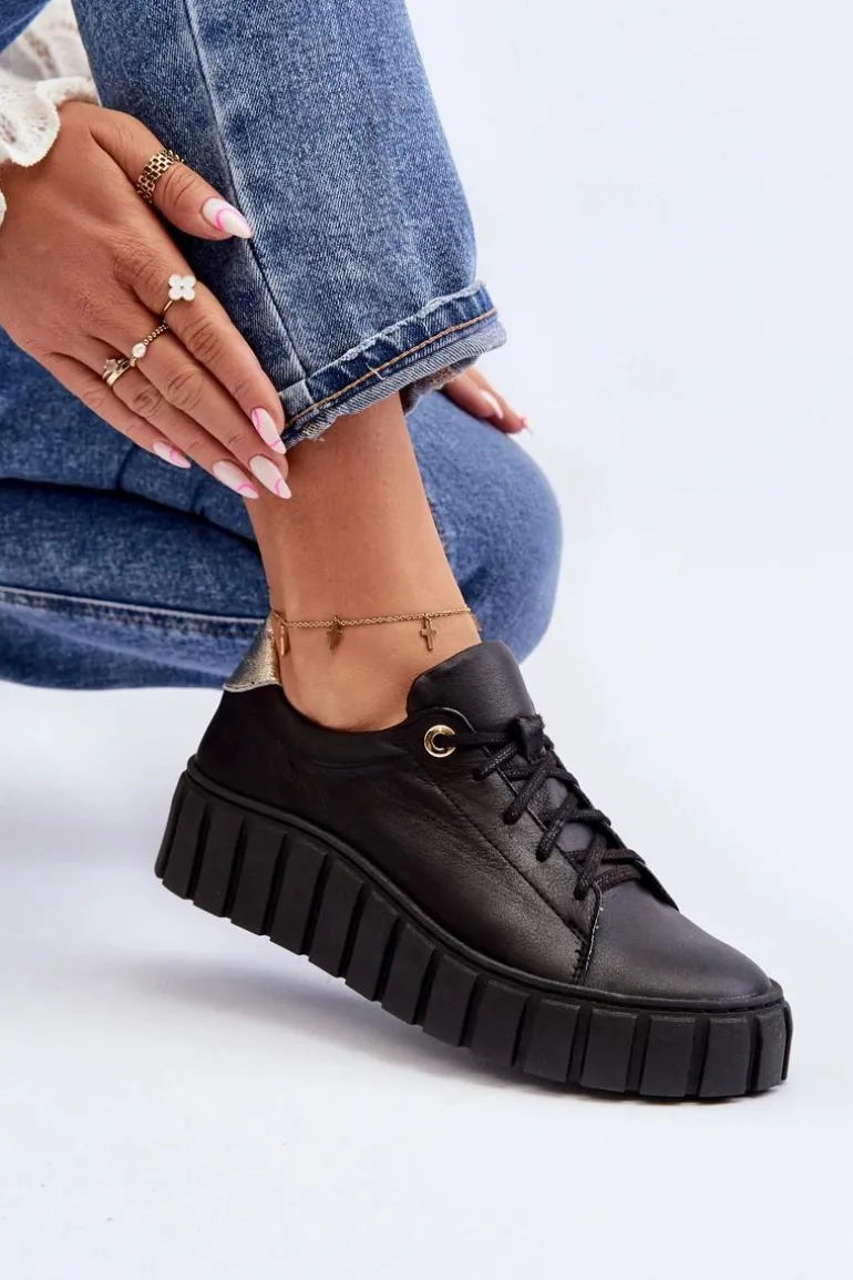 Zazoo 2919 Damskie Skórzane Półbuty Na Grubej Podeszwie Czarne