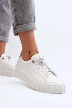 Zazoo 2919 Damskie Skórzane Półbuty Na Grubej Podeszwie Białe