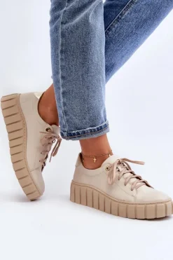 Zazoo 2919 Damskie Skórzane Półbuty Na Grubej Podeszwie Beżowe