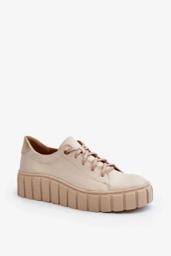 Zazoo 2919 Damskie Skórzane Półbuty Na Grubej Podeszwie Beżowe