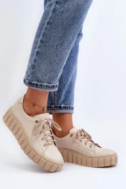 Zazoo 2919 Damskie Skórzane Półbuty Na Grubej Podeszwie Beżowe