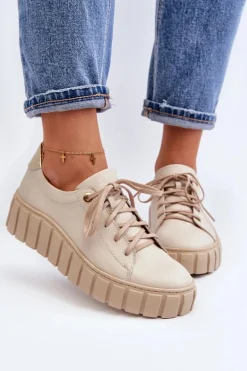 Zazoo 2919 Damskie Skórzane Półbuty Na Grubej Podeszwie Beżowe