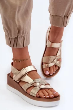 Zazoo 40397 Damskie Skórzane Sandały Na Platformie Złote