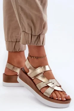 Zazoo 40397 Damskie Skórzane Sandały Na Platformie Złote