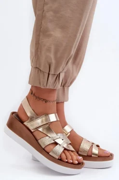 Zazoo 40397 Damskie Skórzane Sandały Na Platformie Złote