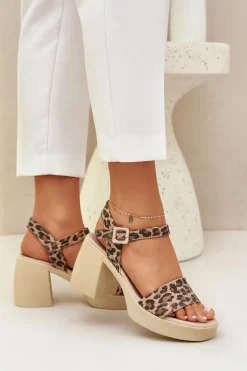 Zazoo 40386 Damskie Skórzane Sandały Na Klocku Panterka Brązowo-Beżowe