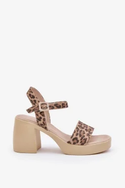 Zazoo 40386 Damskie Skórzane Sandały Na Klocku Panterka Brązowo-Beżowe