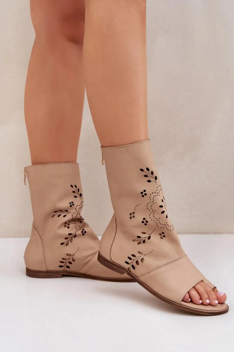 Zazoo 3437 Damskie Skórzane Sandały Z Cholewką Na Zamek Beżowe