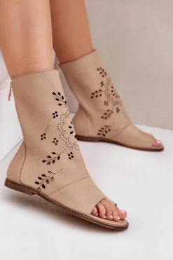 Zazoo 3437 Damskie Skórzane Sandały Z Cholewką Na Zamek Beżowe