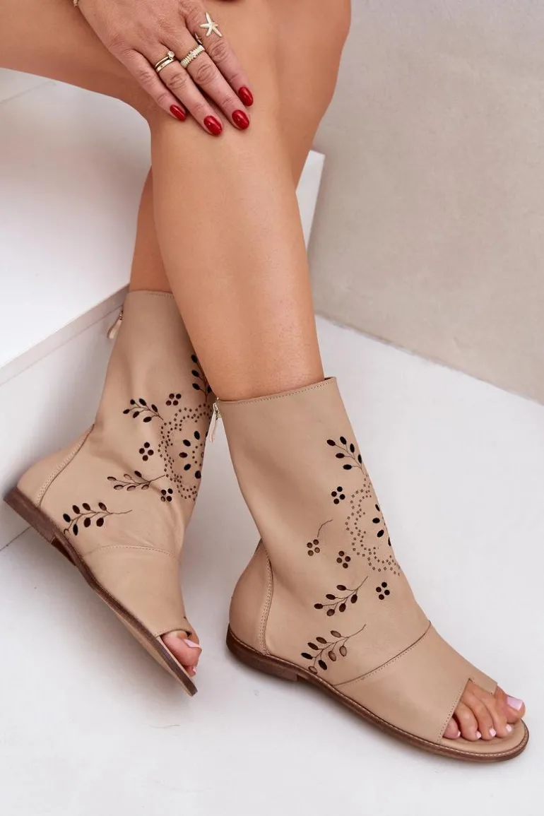 Zazoo 3437 Damskie Skórzane Sandały Z Cholewką Na Zamek Beżowe