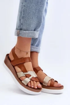 Zazoo 40397 Damskie Skórzane Sandały Na Platformie Brązowe