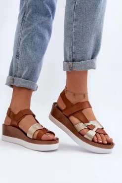 Zazoo 40397 Damskie Skórzane Sandały Na Platformie Brązowe