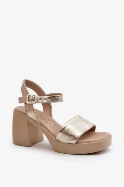 Zazoo 40386 Damskie Skórzane Sandały Na Klocku Złote