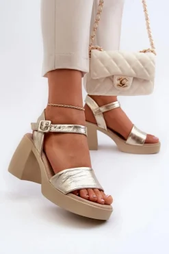 Zazoo 40386 Damskie Skórzane Sandały Na Klocku Złote