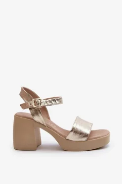 Zazoo 40386 Damskie Skórzane Sandały Na Klocku Złote