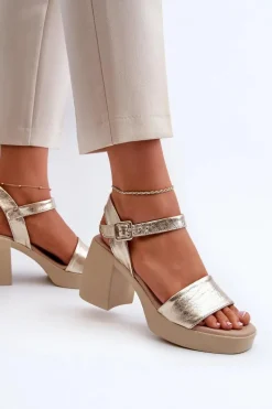 Zazoo 40386 Damskie Skórzane Sandały Na Klocku Złote