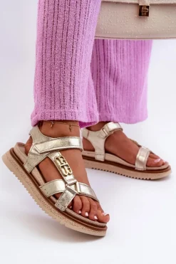 Zazoo 50103 Damskie Skórzane Sandały Na Platformie Złote