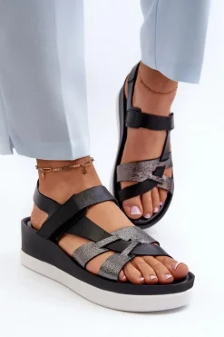 Zazoo 40397 Damskie Skórzane Sandały Na Platformie Czarne