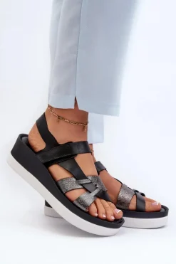 Zazoo 40397 Damskie Skórzane Sandały Na Platformie Czarne