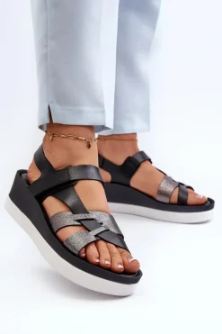 Zazoo 40397 Damskie Skórzane Sandały Na Platformie Czarne