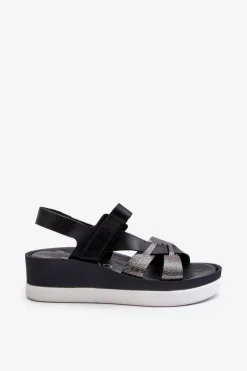 Zazoo 40397 Damskie Skórzane Sandały Na Platformie Czarne