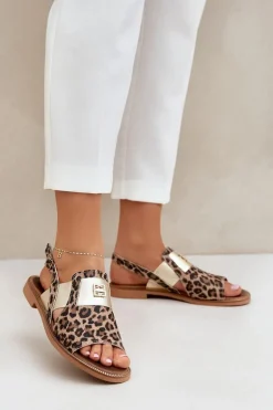 Zazoo 40385 Damskie Skórzane Sandały W Panterkę Brązowe