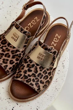 Zazoo 40385 Damskie Skórzane Sandały W Panterkę Brązowe
